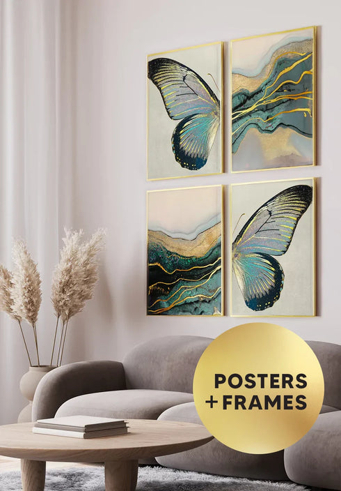 Set Of 4 Posters Turquoise Paint Stroke Real Gold + 4 Gold Metallic Frames 50x70cm